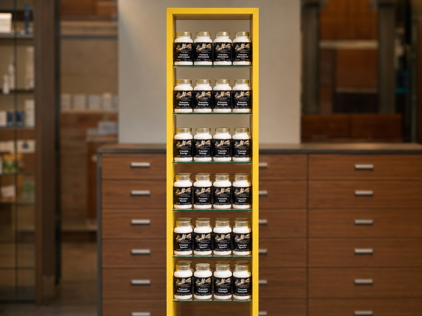 Schwarz-goldene Eigenprodukte der Sportapotheke in einem gelben Regal